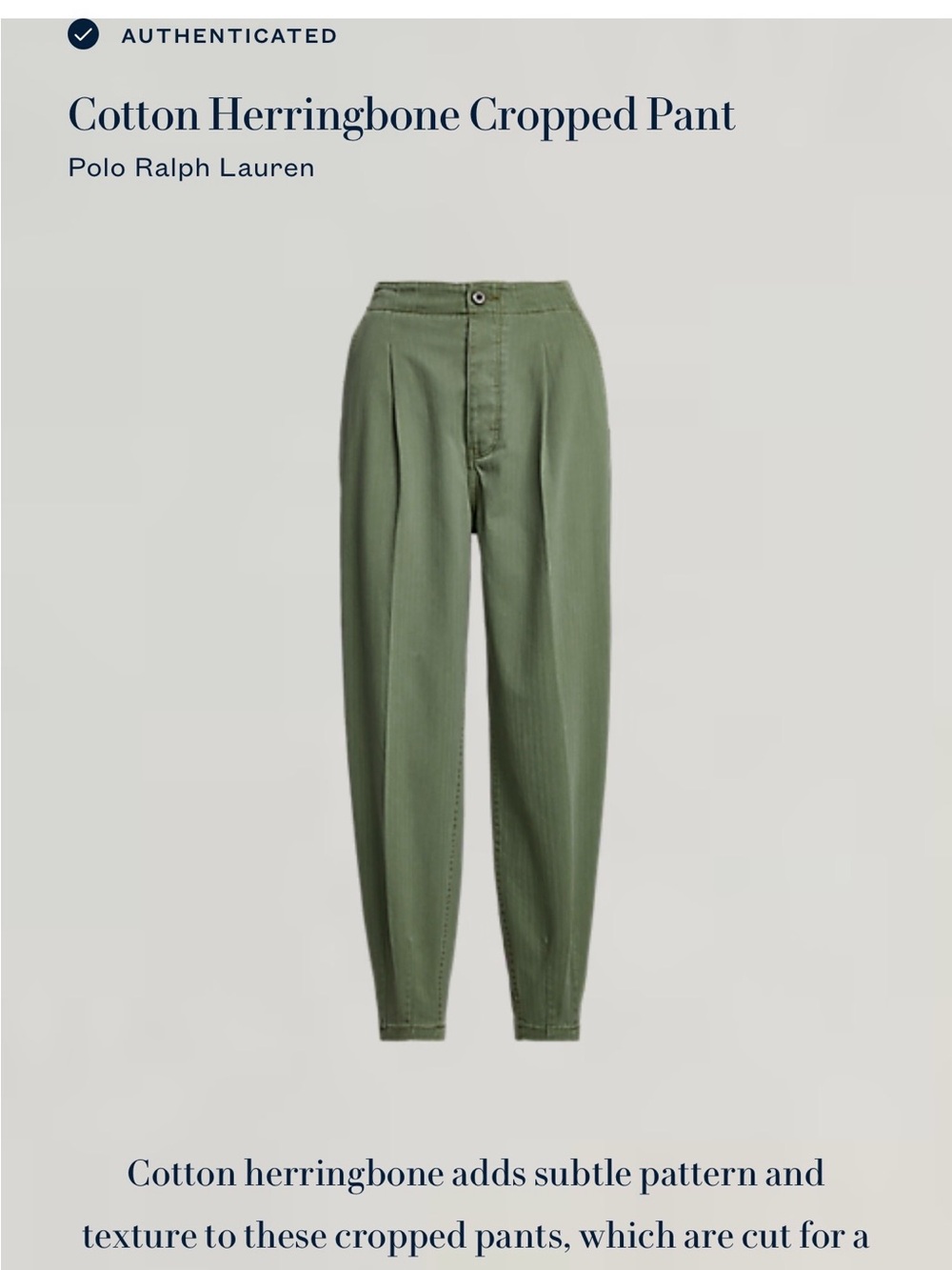 Polo by Ralph Lauren Olive Green Cotton Herringbone Cropped Pant